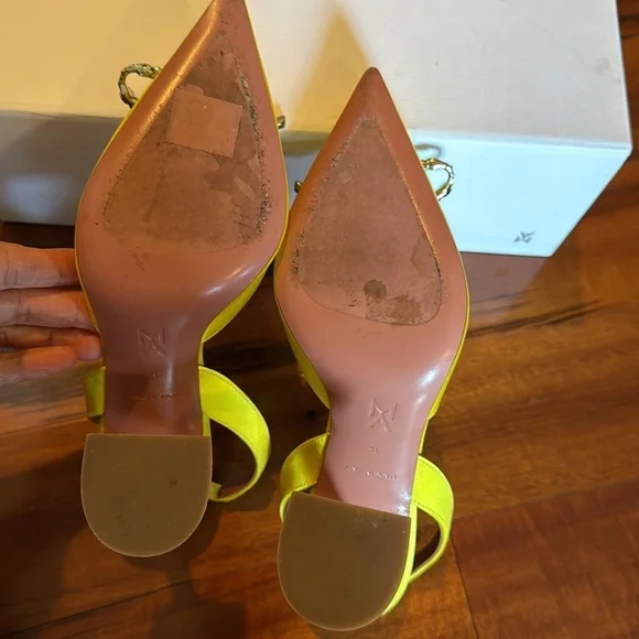 Amina Muaddi Yellow Satin Rosie Slingback Heels 95mm - Picture 7 of 11